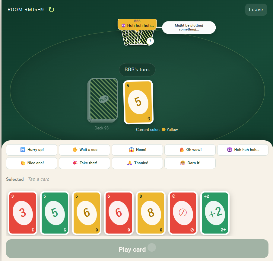 FamilyCardGame in English, showing a player's reaction 'Heh heh heh...' and the system cue 'Might be plotting something...' fed back into the table.